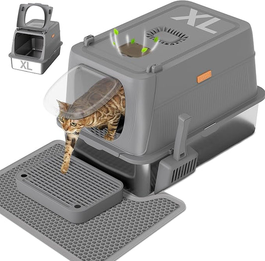 Citylife Stainless Steel Cat Litter Box with Lid, XL Extra Large Enclosed Removable Metal Litter Box with Litter Scoop&Double Layer Litter Mat, Non-Sticky, Non-Odor, for Big Cats Dark Grey