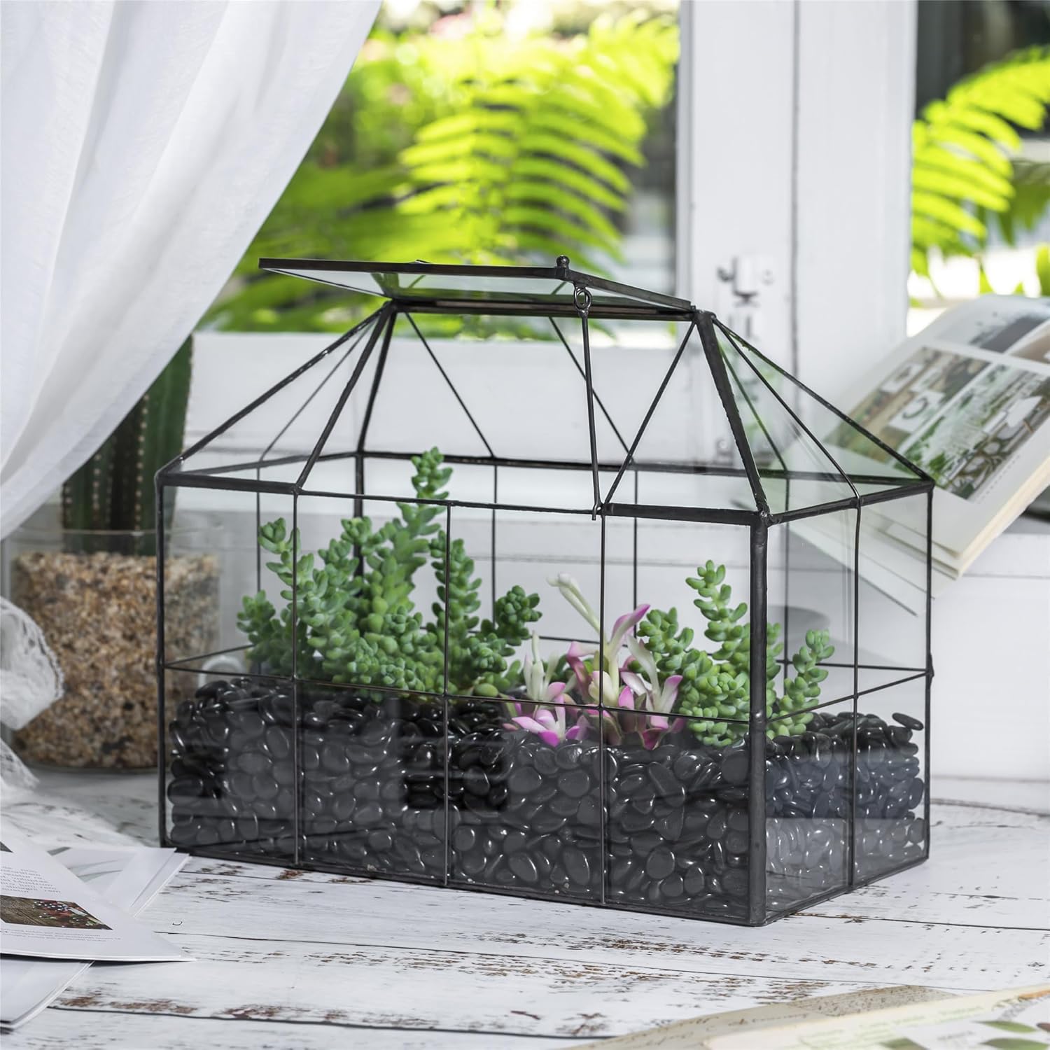 NCYP Glass Terrarium Planter with Lid for Small Succulent Cacti, Grid House Shape Black Geometric Terrarium Pot, Home Garden Indoor Tabletop Decor, 9.84" x 5.31" x 7.87" (No Plants) - Pet Explorer