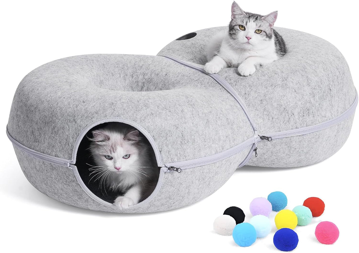 8-Shaped Large Cat Tunnel Bed for Indoor Cats, Infinite Circulation Peekaboo Cat Cave with 12 Toy Balls, Cat Donut Tunnel for Cats up to 30 Pounds (Light Grey, L 38x24x11in) - Pet Explorer