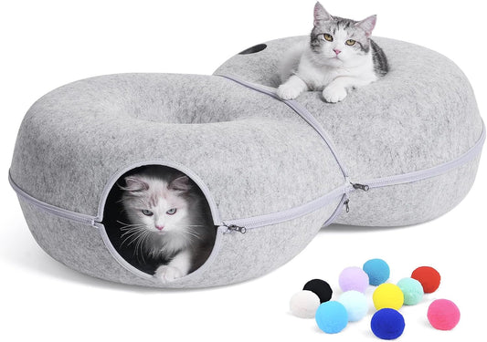 8-Shaped Large Cat Tunnel Bed for Indoor Cats, Infinite Circulation Peekaboo Cat Cave with 12 Toy Balls, Cat Donut Tunnel for Cats up to 30 Pounds (Light Grey, L 38x24x11in) - Pet Explorer