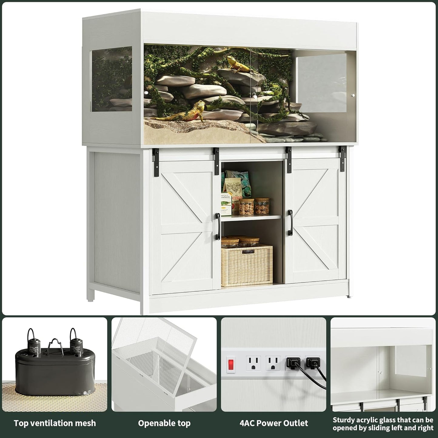 120 Gallon Reptile Terrarium with Stand, 4x2x2 Bearded Dragon Enclosure for Snakes Lizards, Large Vivarium Tank with Storage Cabinet, Acrylic Doors, Mesh Lid, Power Outlet White PX04RTWW - Pet Explorer