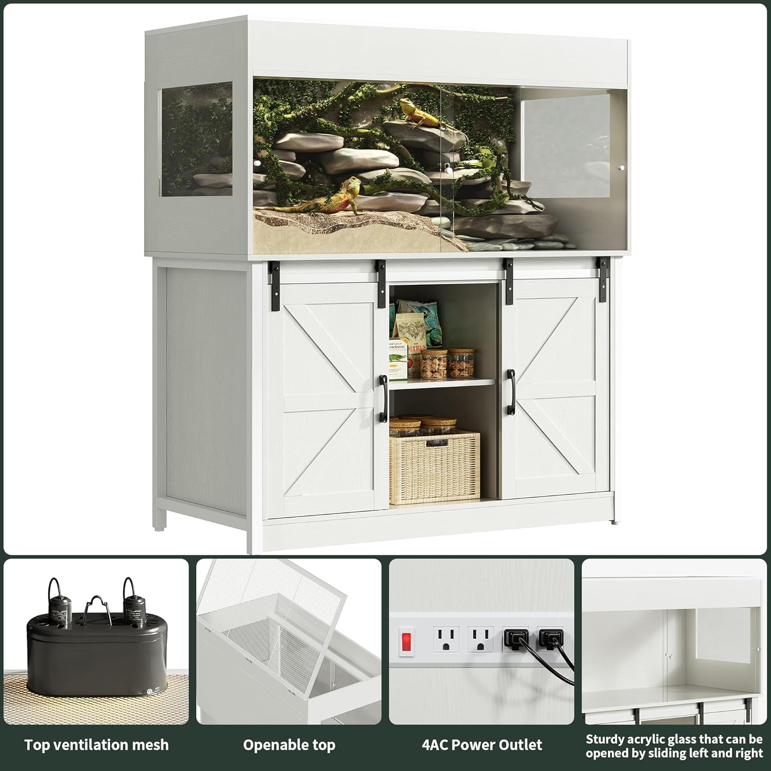 120 Gallon Reptile Terrarium with Stand, 4x2x2 Bearded Dragon Enclosure for Snakes Lizards, Large Vivarium Tank with Storage Cabinet, Acrylic Doors, Mesh Lid, Power Outlet White PX04RTWW - Pet Explorer