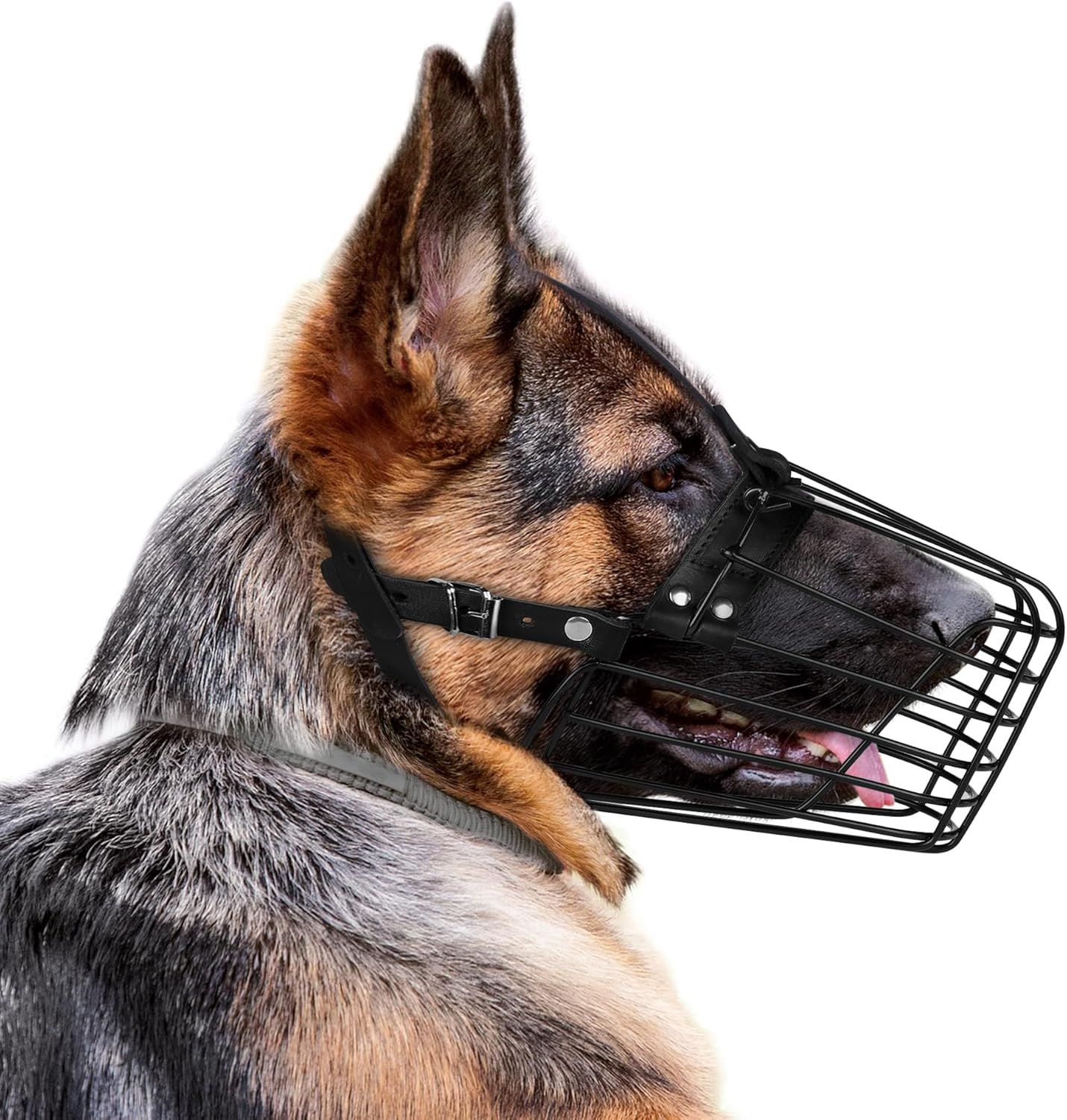 German Shepherd Dog Muzzle Metal Basket for Medium Large Dogs Adjustable Durable Leather Straps Secure Wire Mask for Biting Chewing Barking (Black, M - Size) - Pet Explorer