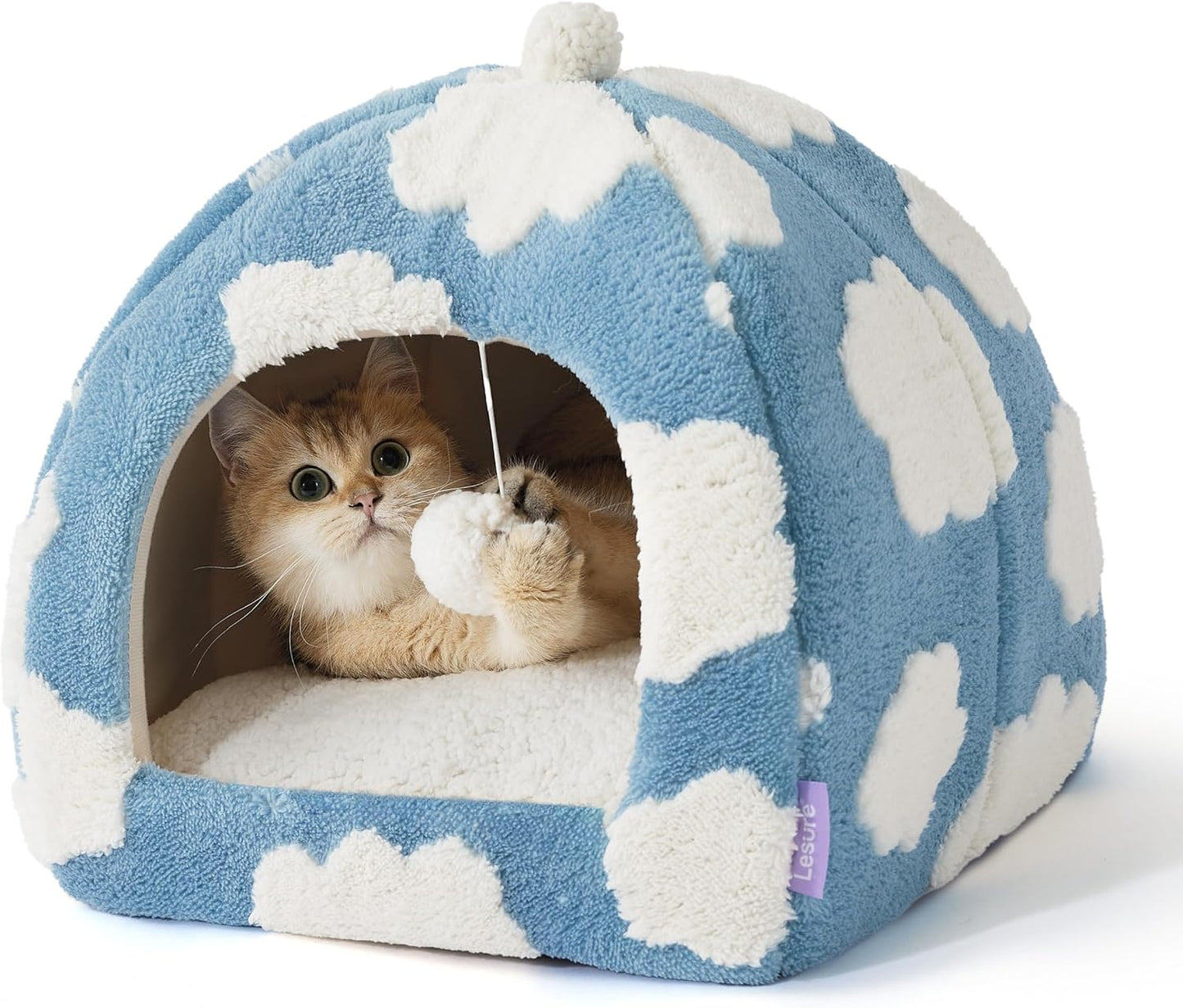 Lesure Cute Cat Beds for Indoor Cats - 2 in 1 Cat Cave Bed for Kittens and Small Pets with Removable Washable Cushioned Pillow, Cozy Kitten Tent with Non-Slip Bottom, Blue, 16 inches - Pet Explorer