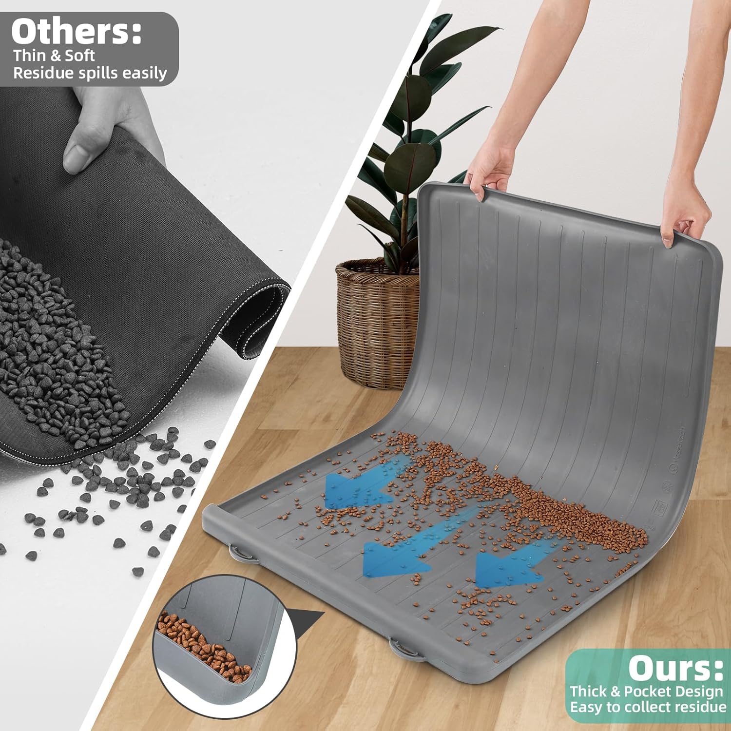 Dog Mat for Food and Water - 39.4" x 27" Large Pet Feeding Mats with Residue Collection Pocket - Waterproof Dog Cat Bowl Mat with High Edges to Prevent Water and Food Spills (Light Grey) - Pet Explorer