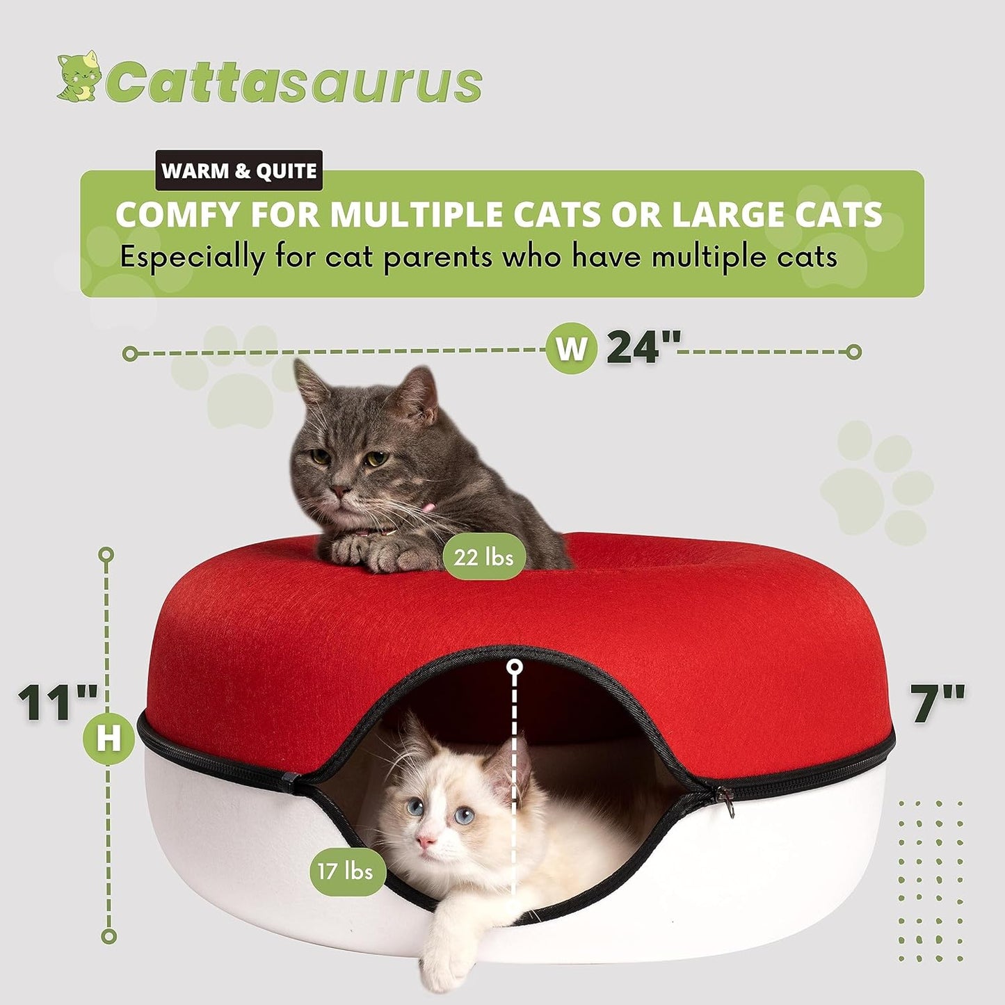 CATTASAURUS Peekaboo Cat Cave for Multiple & Large Cats Up to 30-45 Lbs, Scratch Detachable & Washable Tunnel Bed, Comfy Donut Cat Cave (Ruby Snowball, Large) - Pet Explorer