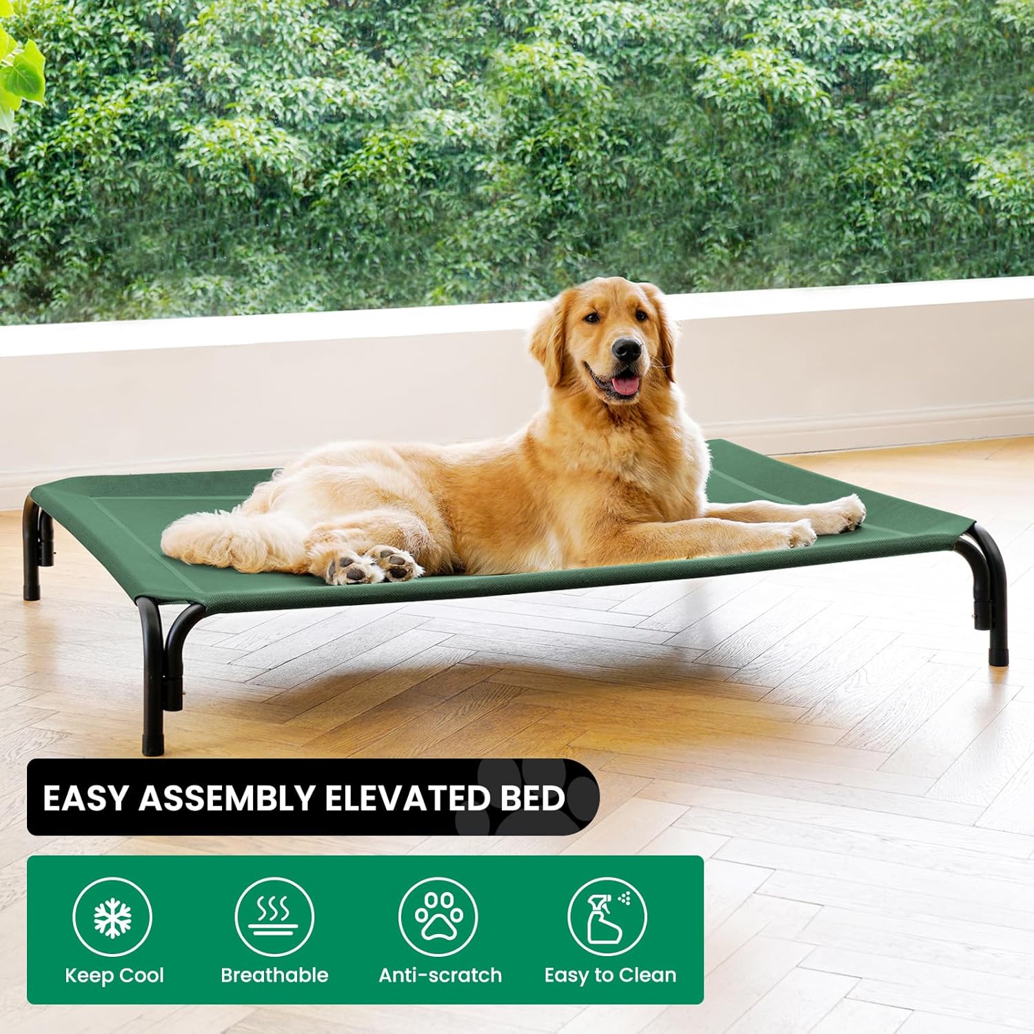 Elevated Dog Bed Raised Outdoor Dog Cot for Medium Dogs, Installation Requires No Tools, Frame with Washable Cooling Breathable Mesh Anti-Slip Feet, Indoor Pet Bed, Green, 35.4 Inches - Pet Explorer