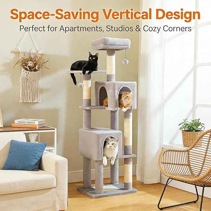 62" Cat Tree for Adult Cats - Multi-Level Tower with 2 Condos, Scratching Posts, Plush Bed & Pompoms, Gray
