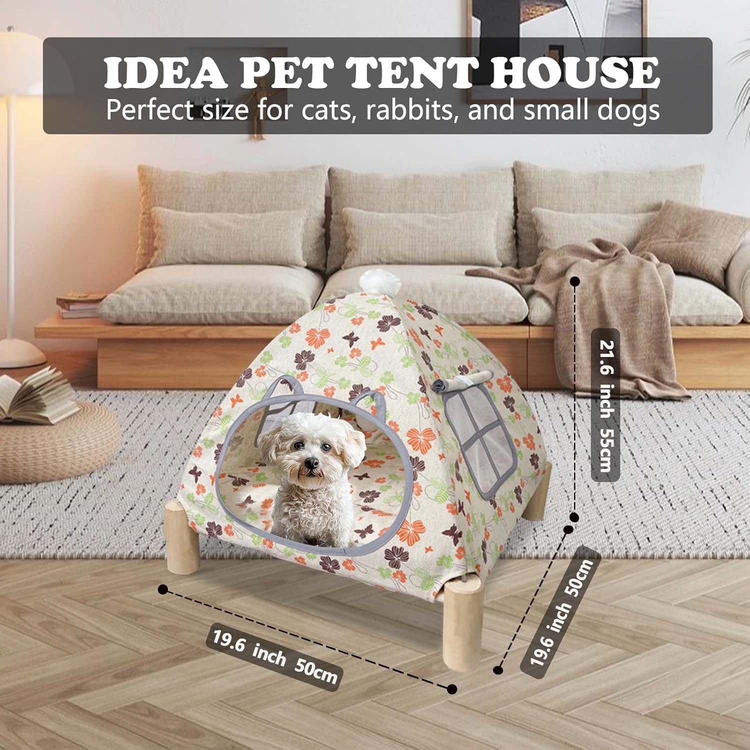 2-in-1 Elevated Cat Tent Cat House, Quick Assembly and Disassembly, Portable Indoor/Outdoor Cute Cat Bed Cave-Butterfly and Flower - Pet Explorer