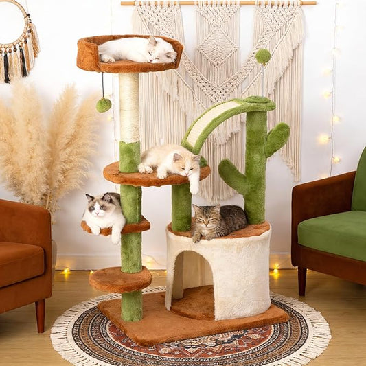 Cactus Cat Tree for Indoor Cats, Multi-Level Cat Tree Tower with Sisal Scratching Posts, Stable Cat Condo with Perches and Steps, 36.6", Brown