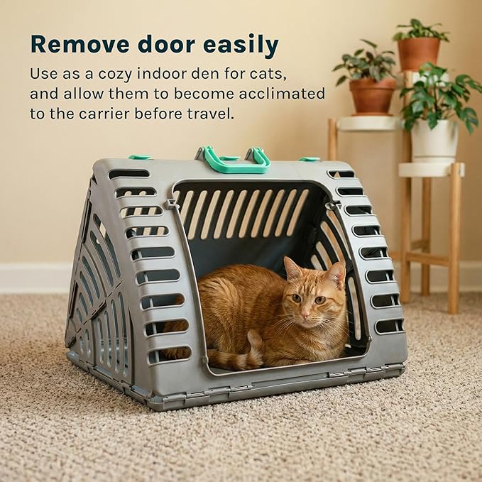SportPet X-Large Hard-Sided Travel Cat Carrier - Cat Carrier with Patented Wide Side-Opening Door, Foldable Portable Pet Carrier for Cats & Small Pets up to 35lbs - Dark Gray/Teal