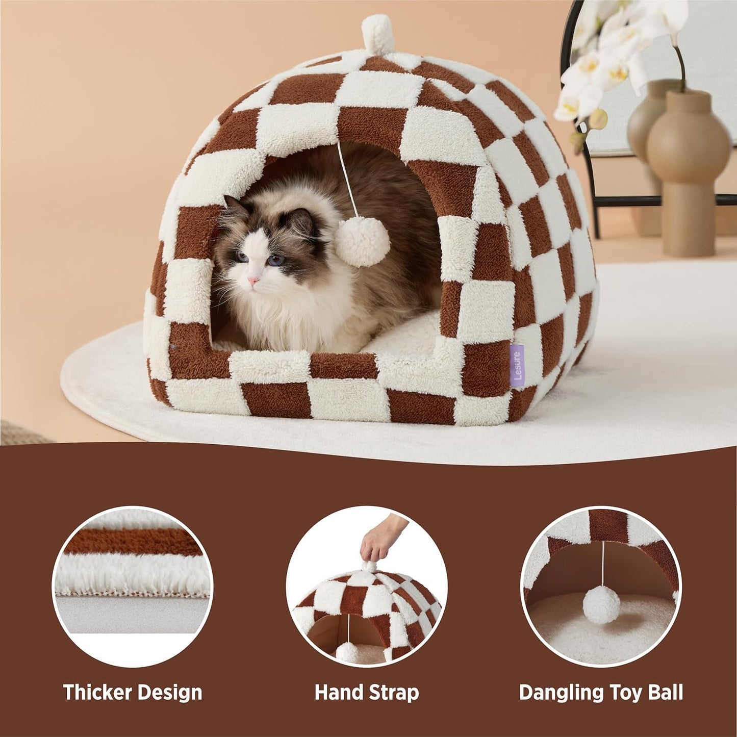 Lesure Cute Cat Beds for Indoor Cats - 2 in 1 Cat Cave Bed for Large Cats, House with Removable Washable Cushioned Pillow, Cozy Tent House with Non-Slip Bottom, Brown, 17.3 inches - Pet Explorer