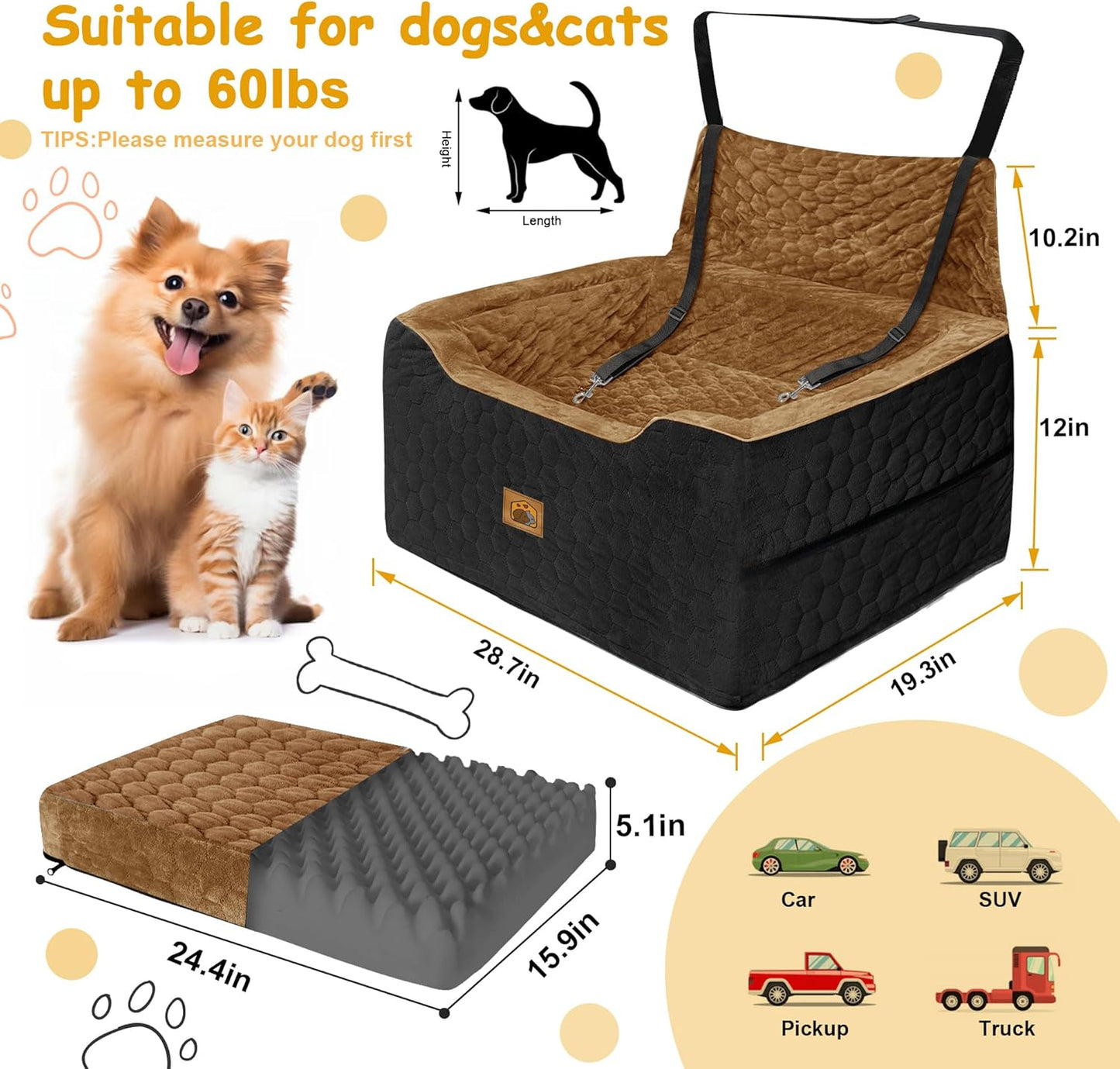 Dog Car Seat for Small/Medium Dogs, Memory Foam Dog Booster Seat, Travel Safety Per Car Seat with Washable Removable Cover, Storage Pockets for Dogs up to 35 lbs(BlackBrown) - Pet Explorer