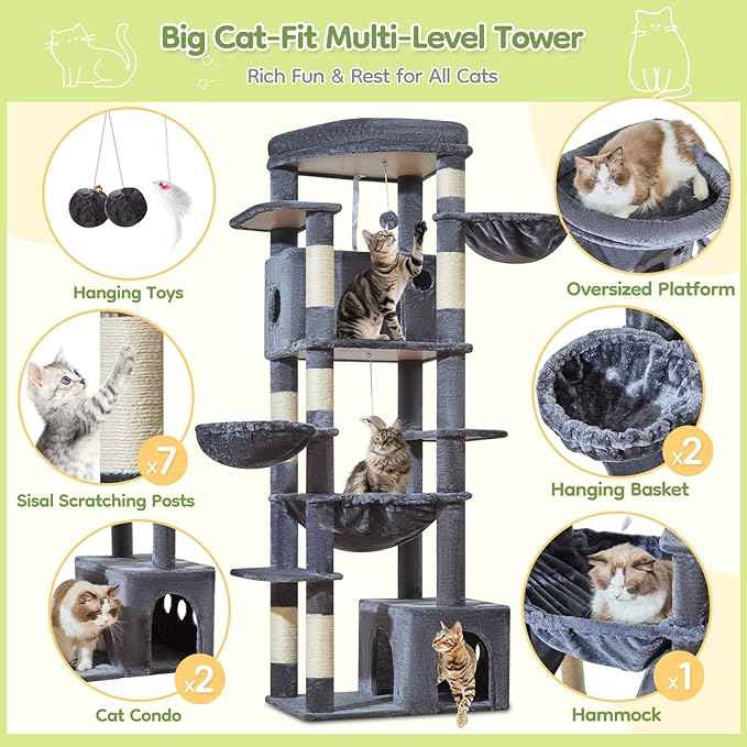 Taoqimiao 72 Inch Cat Tree, XXL Cat Tower for Indoor Cats Large Adult 25Lbs+, Extra-Large Platform, 2 Cat Houses, 7 Scratching Post, Extra-Sized Durable Hammock, Cozy Basket, Smoky Gray, F20G