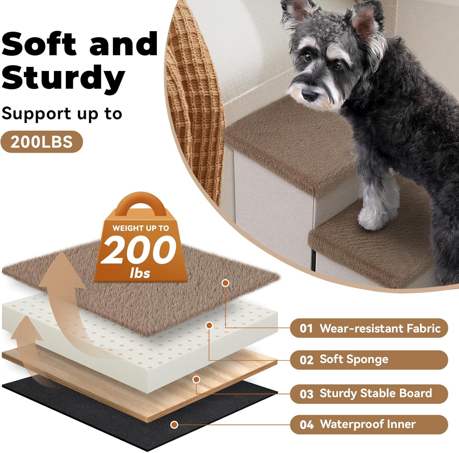 Dog Stairs with Furry Lids 18" H, 3-Step Wider Dog Steps with Storage for Small/Medium/Large Old Dogs Cats, Folding Sturdy Pet Stairs Climbing Bed Couch, Ramp for Car Up to 200 lbs, Khaki - Pet Explorer
