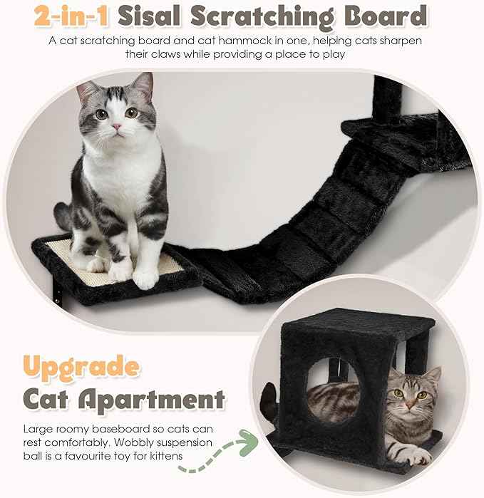 NUNU LAB Wall Mounted Cat Wall Shelves, 14-in-1 Cat Wall Climber with Bridge, Tunnel, House, Scratcher, Steps, Indoor Space-Saving Furniture for Kittens Play, Black