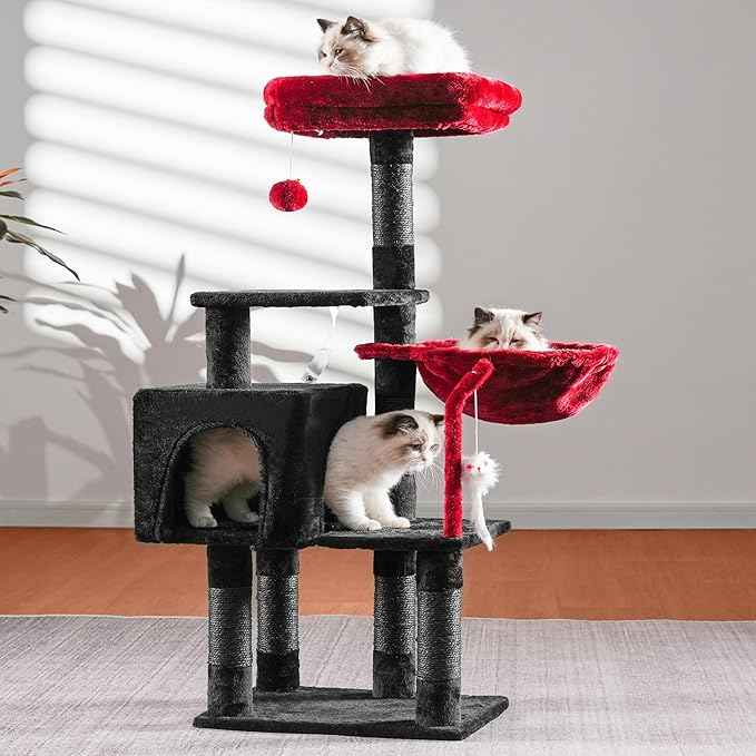 Heybly Cat Tree with Toy, Cat Tower Condo for Indoor Cats, Cat House with Padded Plush Perch, Cozy Hammock and Sisal Scratching Posts, Black and Red HCT004SBR