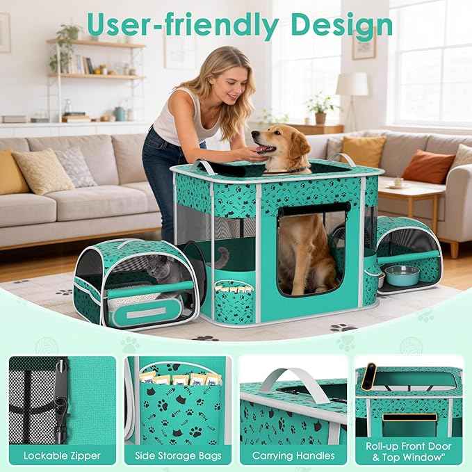Cat Playpen - Portable Dog Playpen with Litter Box, Foldable Soft Dog Crate for Indoor/Outdoor, Pop Up Cat Enclosure, Collapsible Puppy Kitten Rabbit Cage Tent，3-Room