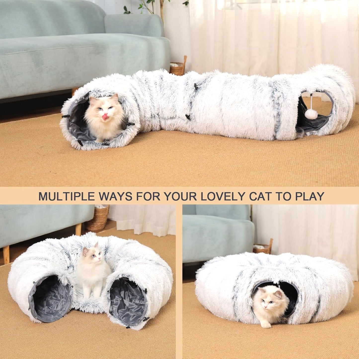 Cat Tunnel with Cat Bed for Indoor Cats, Soft Plush Peekaboo Cat Cave Donut Tunnel, Multifunctional Playground Toys Hideplace for Small Medium Large Kittens, Rabbit, Ferret - Pet Explorer