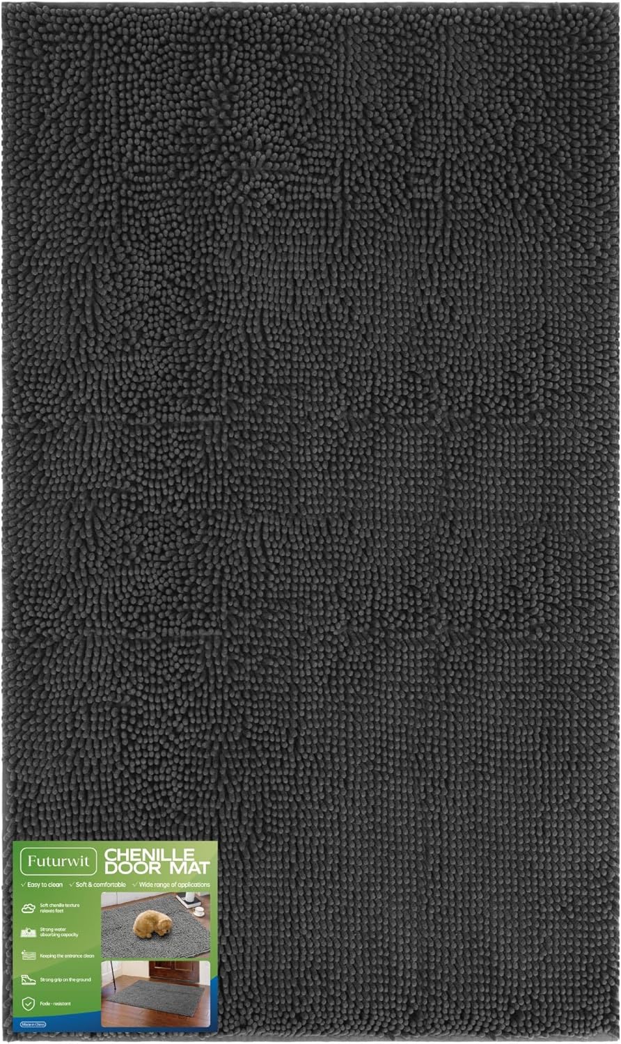 Dog Door Mat for Muddy Paws, 60" x 36" Chenille Absorbent Front Door Mat Inside, Large Runner Mud Mat for Dogs, Trap Dirt Washable Non Slip Outdoor Indoor Entrance Doormats, Grey - Pet Explorer