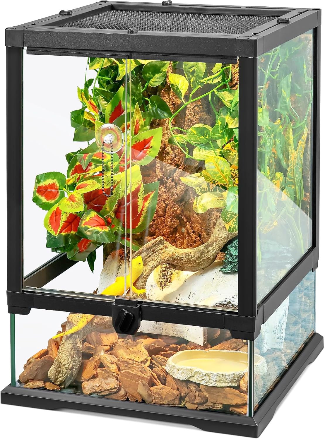 18x12x12 12 Gallon Glass Reptile Tank Front Opening Terrarium Suitable for Leopard Geckos, Snakes Tree Frogs Chameleons Watertight Base, Ventilated Metal Mesh Top, Pre-Drilled Cable Holes - Pet Explorer