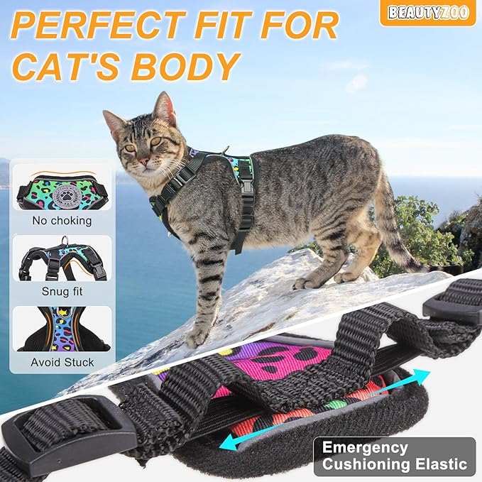 BEAUTYZOO Escape Proof Cat Harness and Leash for Walking, Soft Adjustable Cute Vest for Small to Large Cats, Reflective Breathable Easy-Control Outdoor Jacket, Kitten Harness and Leash Set, Leopard, M
