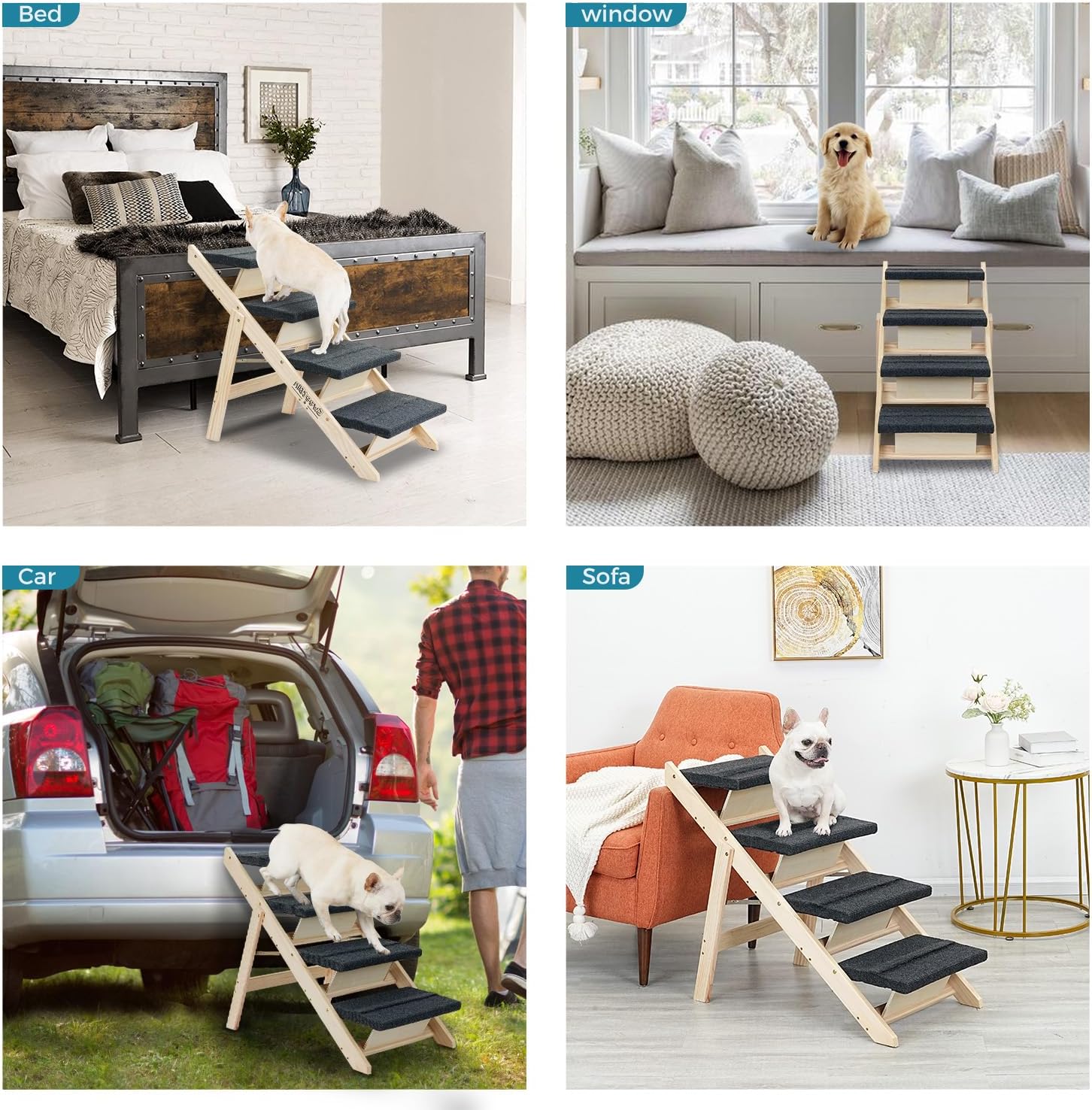 Wood Pet Stairs/Pet Steps for All Dogs and Cats - 2-in-1 Foldable Carpeted 4 Tiers Dog Stairs & Ramp Perfect for Beds and Cars - Portable Dog/Cat Ladder Up to 150 Pounds - Pet Explorer