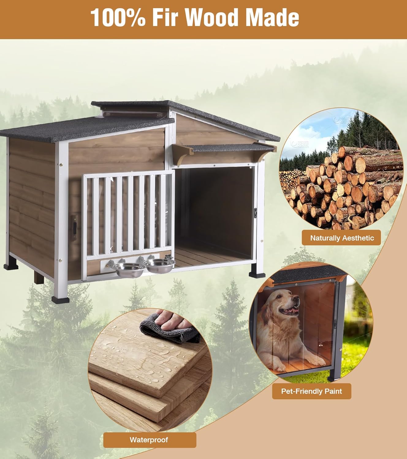 GUTINNEEN Dog House Outdoor with Anti-Chewing Metal Frame, Wooden Dog Kennel with 360° Rotating Feeding Bowl, Weatherproof Roof, for Indoor & Outdoor Use - Brown - Pet Explorer
