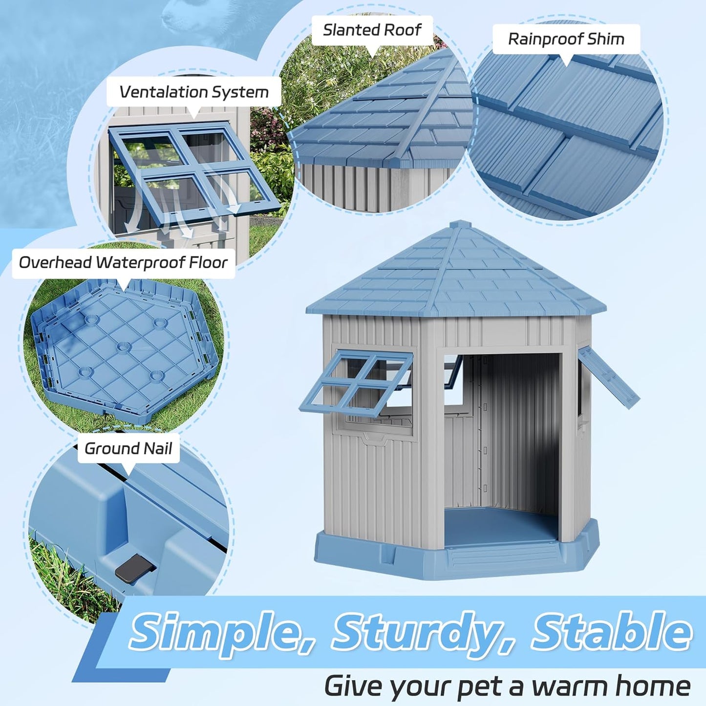 Durable Dog House Indoor Outdoor for Small Medium Dogs, Weatherproof Puppy Shelter with Elevated Floor & Air Vents, Easy Clean and Assemble (Blue, 36.61L*29.5W*37.4H) - Pet Explorer