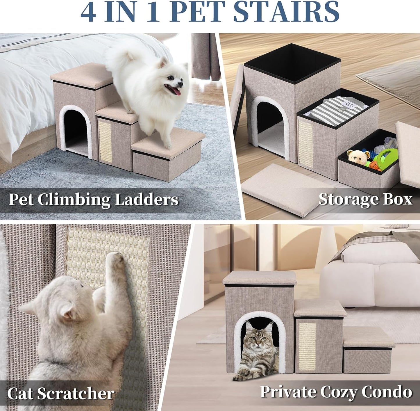 Dog Steps for Bed and Couch, 17”H Foldable Dog Stairs for Small Older Dogs Cats, Adjustable Pet Cat Stairs Ramps with Storage with Condo, Scratcher, Hold Up to 180LBS, Pet Cat Steps Beige - Pet Explorer
