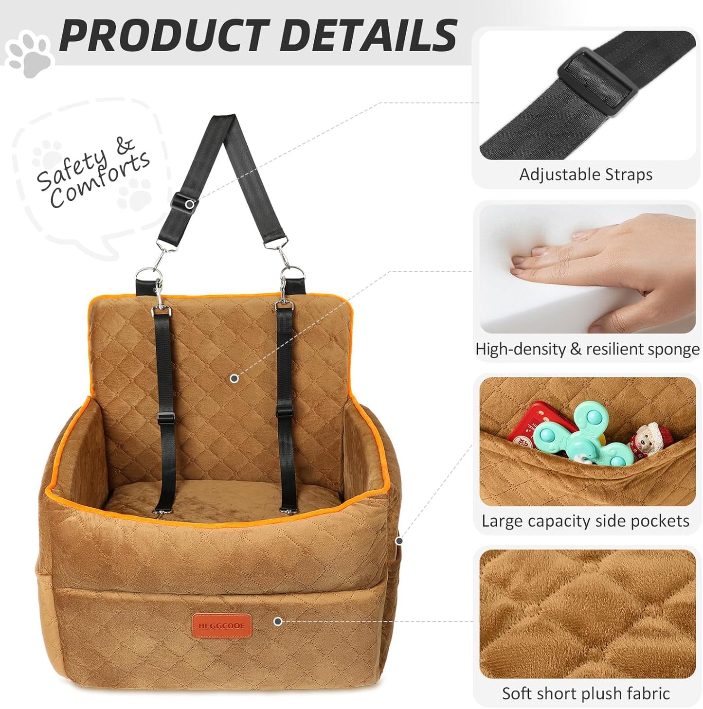 Dog Car Seat for Small Medium Dogs, Memory Foam Dog Booster Seats with Thick Cushion for Dogs Under 35lbs, Detachable Washable Pet Car Seat Travel Bed with Storage Pockets,2 Safety Belt - Pet Explorer
