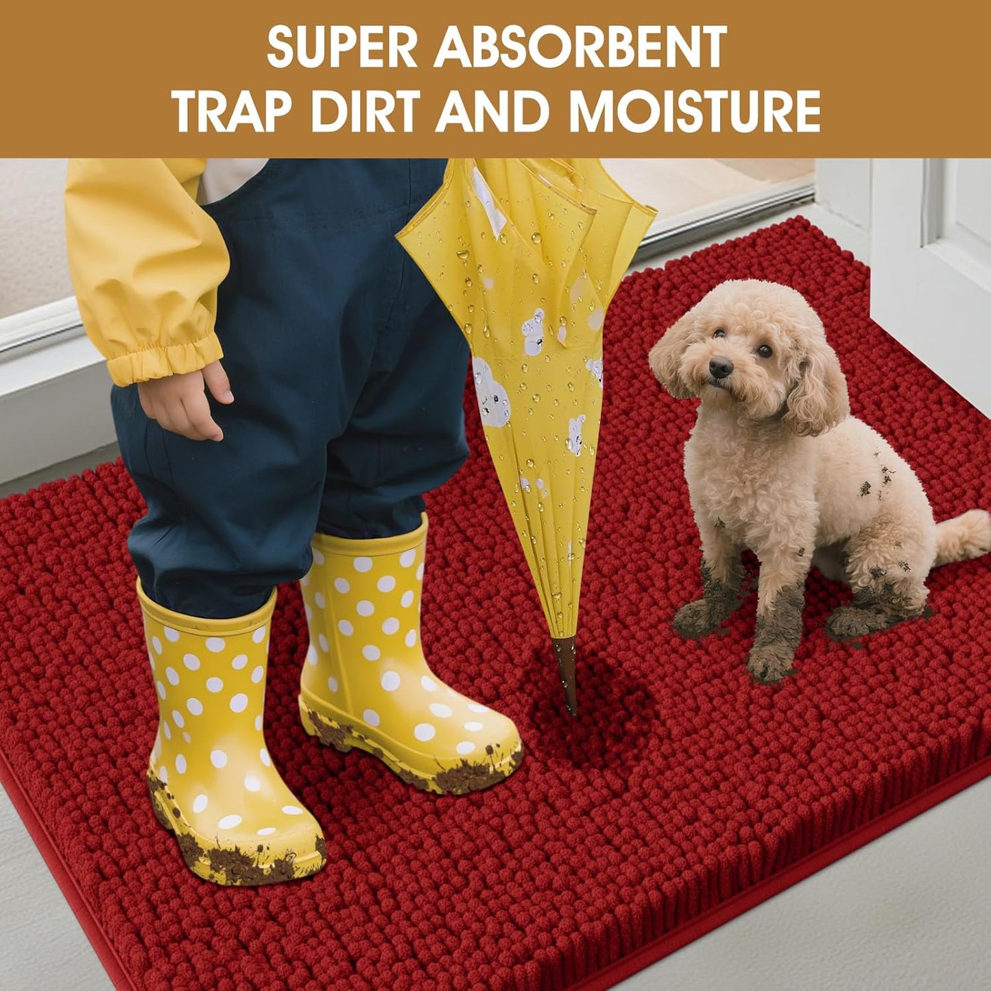 Extra Large Dog Door Mats for Muddy Paws, Chenille Absorbent Dog Mats, Non Slip Heavy Mud Mat for Dogs, Soft Pet Mat for Entryway, Mud Paws, Inside Floor,60" x 36", Red