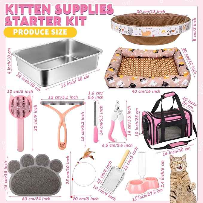 38 Pcs Kitten Supplies Starter Kit Cat Essentials Set Include Cat Scratcher Cardboard Stainless Steel Litter Box Bed Carrier Kitten Toys Accessories for Welcome Gift Supplies