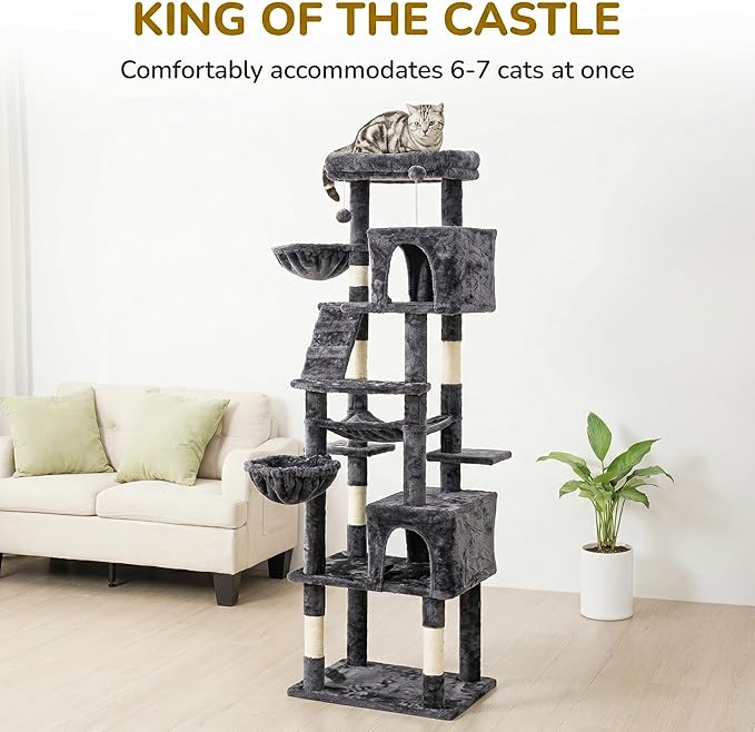 Large Cat Tree with Scratching Posts, Bed, Hammocks & Condos – Multi-Level Cat Tower for Playful Cats, 73" Modern Jungle Gym for Multiple Cats, Grey
