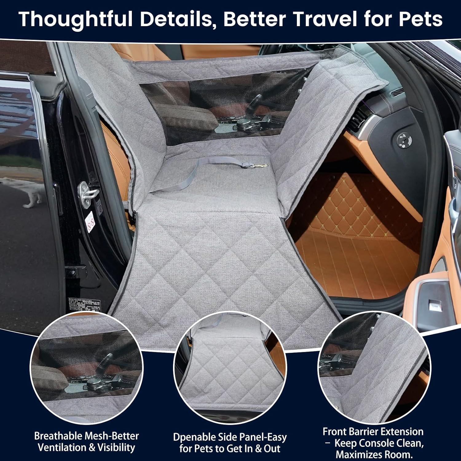 Dog Car Seat for Small/Medium Dogs with Door Protection – Full Coverage Pet Booster Seat with Mesh Window, Zippered Side Flaps, Safety Buckle, Grey Linen Fabric - Pet Explorer
