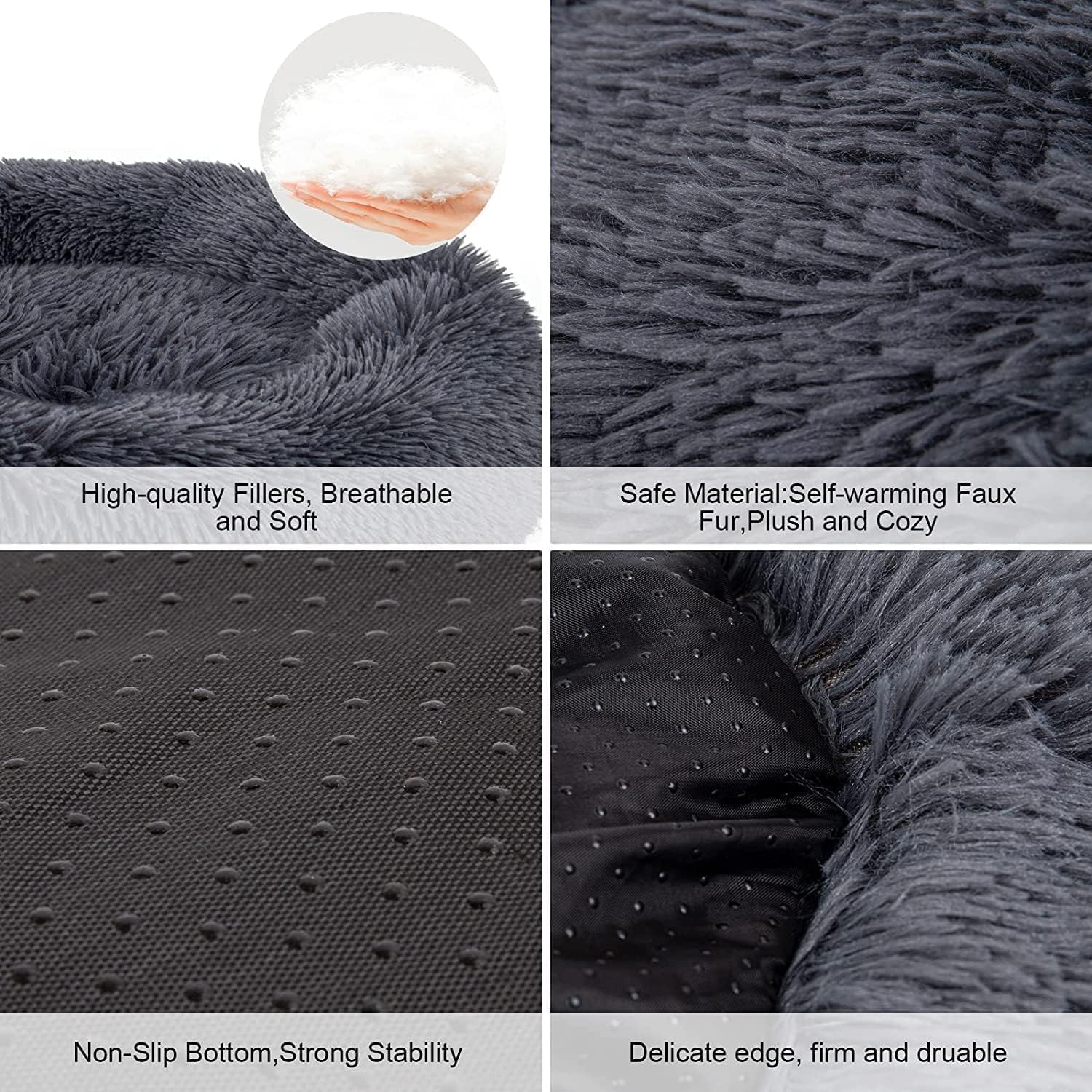 Dog Bed, Cat Calming Bed, Faux Fur Pillow Pet Donut Cuddler Round Plush Bed for Large Medium Small Dogs and Cats (Dark Grey, 44.0" L x 44.0" W x 7.0" Th) - Pet Explorer