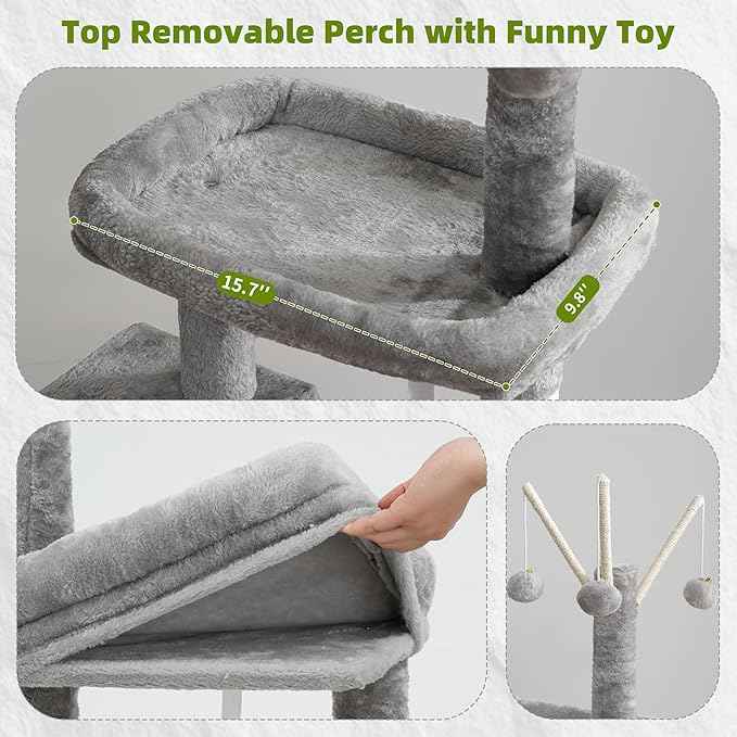 Cat Tree for Indoor Cats, Cat Tower with Scratching Post for Small Cats and Kittens, Cat House with Removable Top Platform and Fluffy Balls, Hanging Cat Basket, Light Gray GCT006SW