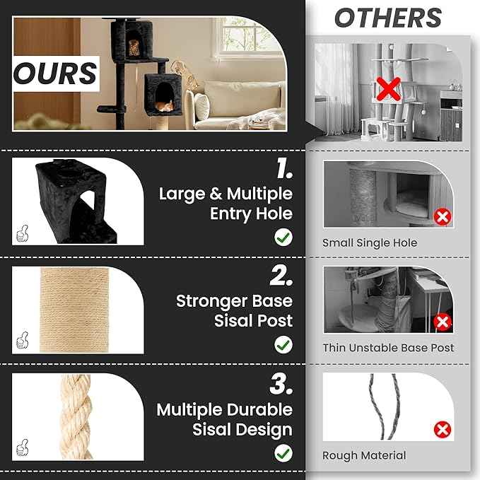 58in Large Cat Tree Tower for Indoor Cats with Soft Plush Hang Ball, Two Condos, Sisal Scratch Posts & Rope Play for Kittens/Adult Cats, Black
