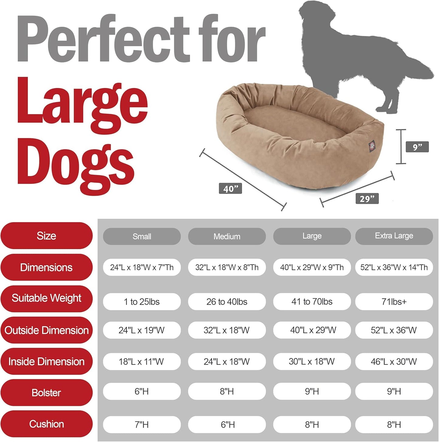 Majestic Pet 40 Inch Suede Shredded Memory Foam Mix Calming Large Dog Bed Washable 40 x 29 x 9 (Inch) - Cozy Soft Round Donut Dog Bed with Spine for Head Support - Pet Bed Stone - Pet Explorer