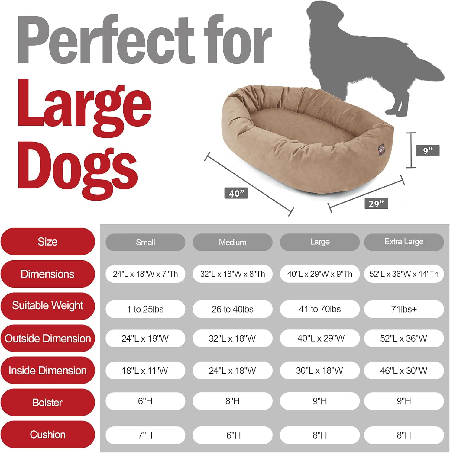 Majestic Pet 40 Inch Suede Shredded Memory Foam Mix Calming Large Dog Bed Washable 40 x 29 x 9 (Inch) - Cozy Soft Round Donut Dog Bed with Spine for Head Support - Pet Bed Stone - Pet Explorer