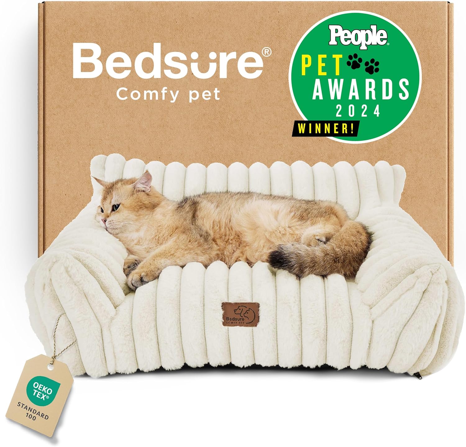 Bedsure Cute Cat Couch for Pets - Fluffy Cat beds with Premium Soft Corduroy Fleece, Fuzzy Cats beds for Indoor Cats with Removable Washable Cover, Supportive Pet Sofa, 24inch, Cream - Pet Explorer