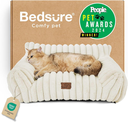 Bedsure Cute Cat Couch for Pets - Fluffy Cat beds with Premium Soft Corduroy Fleece, Fuzzy Cats beds for Indoor Cats with Removable Washable Cover, Supportive Pet Sofa, 24inch, Cream - Pet Explorer