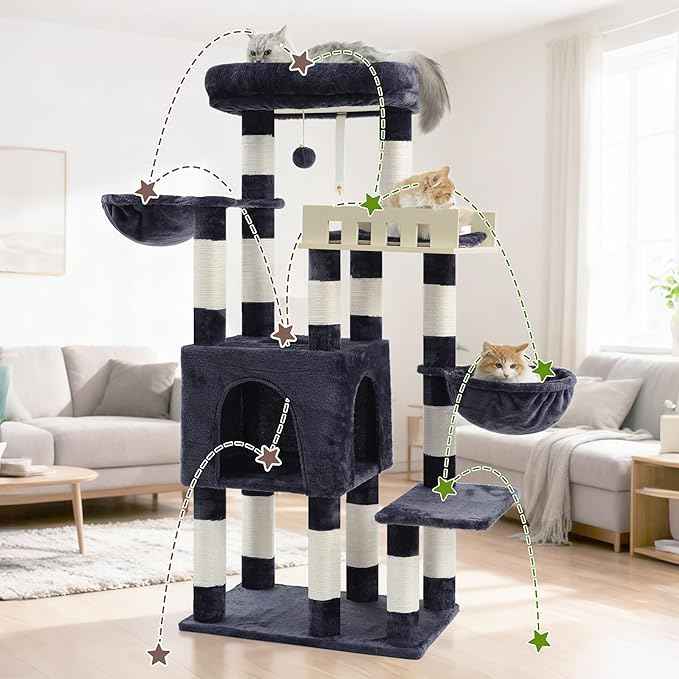 Cat Tree for Indoor Cats Large Adult, Heavy Duty Cat Tree for Large Cats 20 lbs+, Cat Condo with Big Wooden Perch, Cat Tower with 14 Scratching Posts, Hammock, Smoky Gray GCT023G