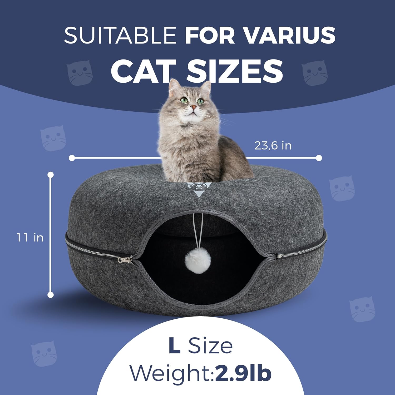 Premium Large Size 24 Inch Cat Tunnel Bed - With Upgraded Metal Zipper - Detachable Round Design - Washable - and Scratch Resistant - Includes 3 Toys and Removable Cushion - Pet Explorer