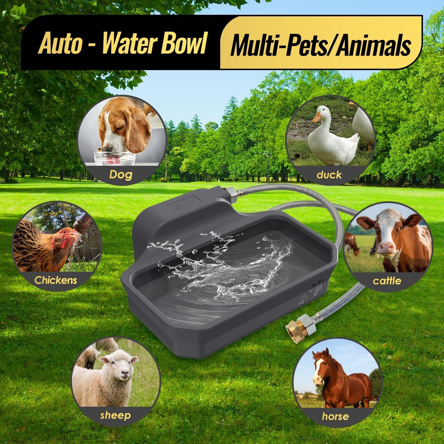 135OZ Automatic Water Dispenser for Large Dogs Patented Outdoor Dog Water Bowl Dispenser Automatic Dog Feeder Fit 3/4'' GHT Faucet Dog Waterer Include Water Hose Extra-Large Drinking Area - Pet Explorer