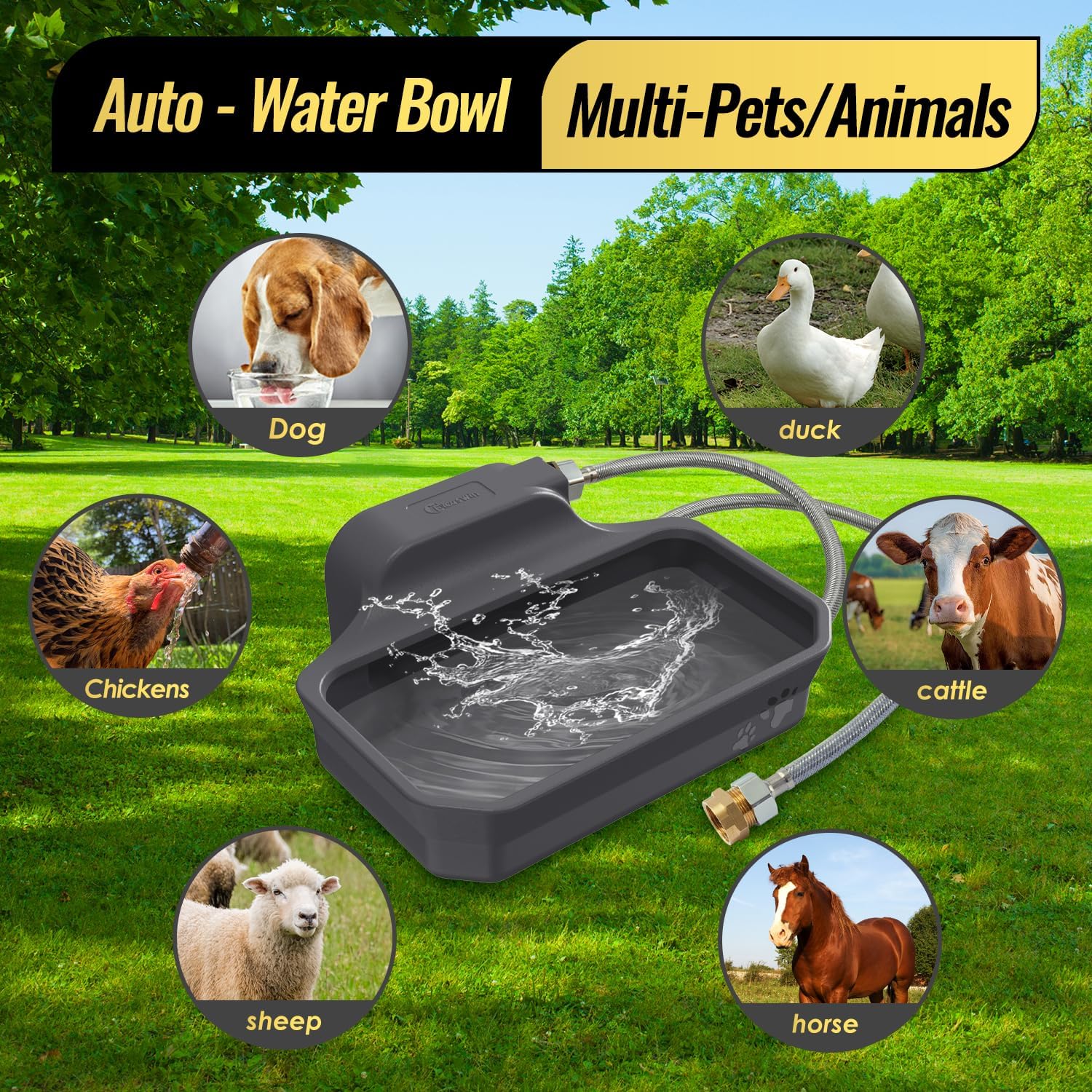 135OZ Automatic Water Dispenser for Large Dogs Patented Outdoor Dog Water Bowl Dispenser Automatic Dog Feeder Fit 3/4'' GHT Faucet Dog Waterer Include Water Hose Extra-Large Drinking Area - Pet Explorer