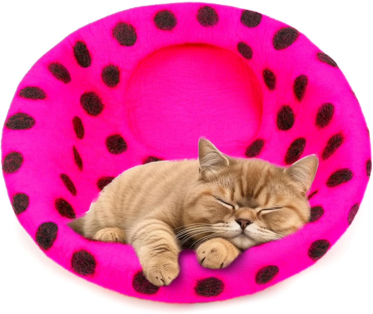 Woolygon Premium Felt Cat Cave Bed - Polka Dot Series - Wool Kitty Beds Handcrafted Kitten Caves Bed for Indoor Cats - Eco-Friendly Merino Wool, Foldable Cat Hideaway Cat Houses (Pink/Black Dots) - Pet Explorer