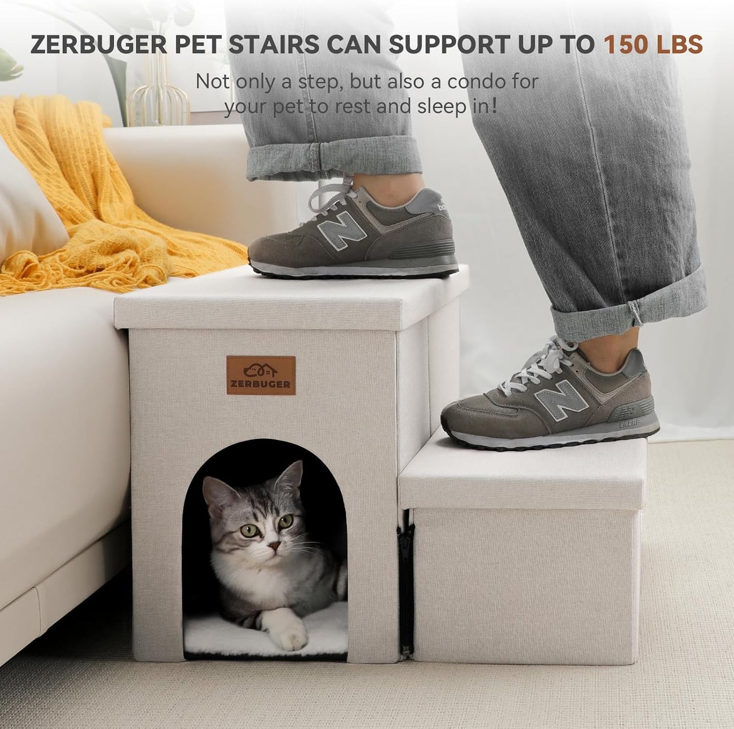 Dog Stairs with Condo 15" H, 2-Step Wider Dog Steps for Small/Medium/Large Old Dogs Cats, Folding Sturdy Storage Pet Stairs Climbing Bed Couch, Ramp for Car Hold Up to 150 lbs, Beige - Pet Explorer