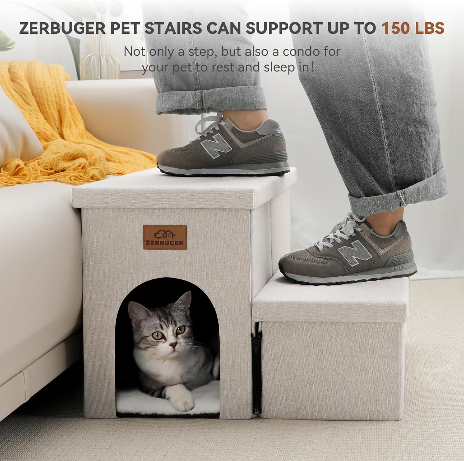 Dog Stairs with Condo 15" H, 2-Step Wider Dog Steps for Small/Medium/Large Old Dogs Cats, Folding Sturdy Storage Pet Stairs Climbing Bed Couch, Ramp for Car Hold Up to 150 lbs, Beige - Pet Explorer