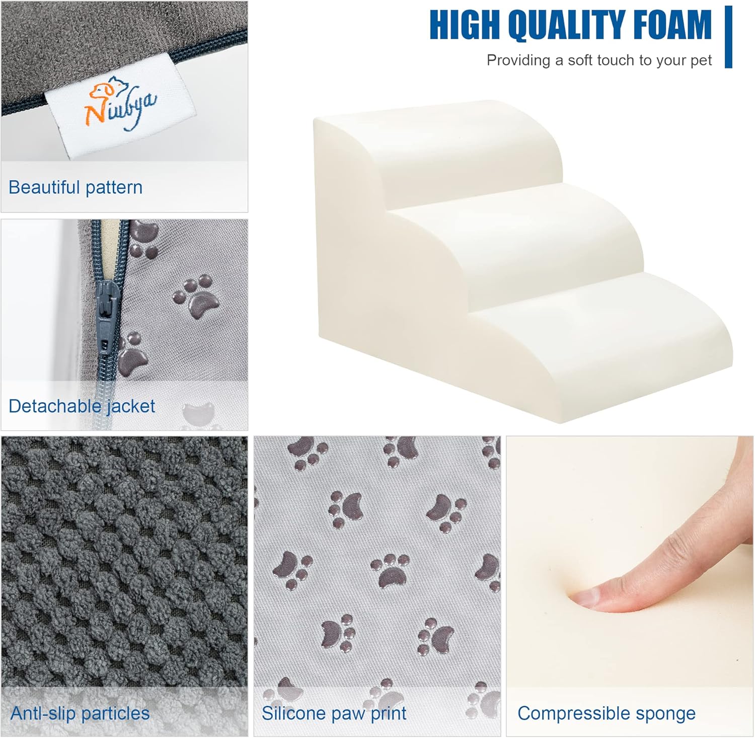 Dog Stairs for Small Dogs - High Density Foam Dog Ramp, Extra Wide Pet Steps with Non-Slip Bottom for High Beds, Couche and Sofa, Best for Dogs Injured, Older Doggy Cats (Grey, 3 Steps) - Pet Explorer